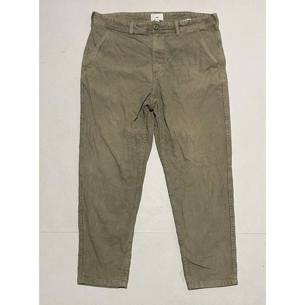 H&M Regular Fit Corduroy Pants Mens 34x26 Olive Khaki Flat Front Stretch Cotton